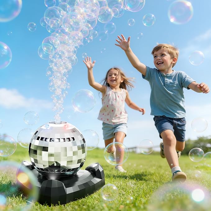 Bubble Machine, Automatic Bubble Blower Maker with 360° Rotating Turntable and LED Lights, Disco Ball Bubble Machine Summer Kids Toys for Weddings Birthdays Party Indoor Outdoor Backyard Camping