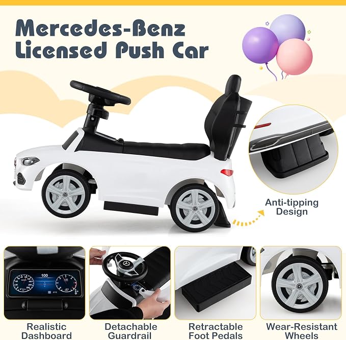 Costzon Push Car for Toddlers, 3 in 1 Mercedes Benz Stroller Sliding Walking Car w/Canopy, Handle, Safety Bar, Horn Sound, Underneath Storage, Foot-to-Floor Ride On Toy for Boys & Girls, White
