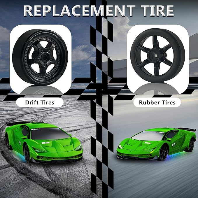 Remote Control Car RC Drift Car 2.4GHz 1:24 4WD 15KM/H High Speed Racing Sport Car with LED Lights Drifting Tire Racing Sport Toy for Adults Boys Girls Kids Gift 2Pcs Rechargeable Batteries