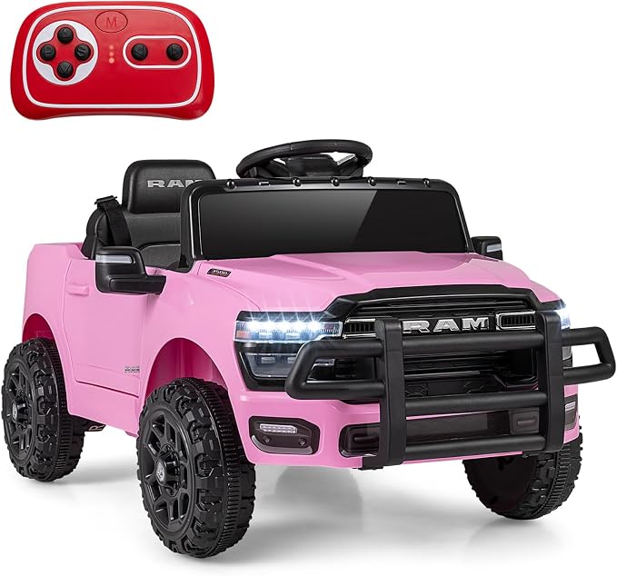 Costzon Ride On Car, 12V Licensed RAM Kids Electric Vehicle w/Remote Control, LED Lights, Music, Horn & Wireless Connection, Soft Start, Ride On Toy Kids Car for Boys Girls (1-Seater,Pink)