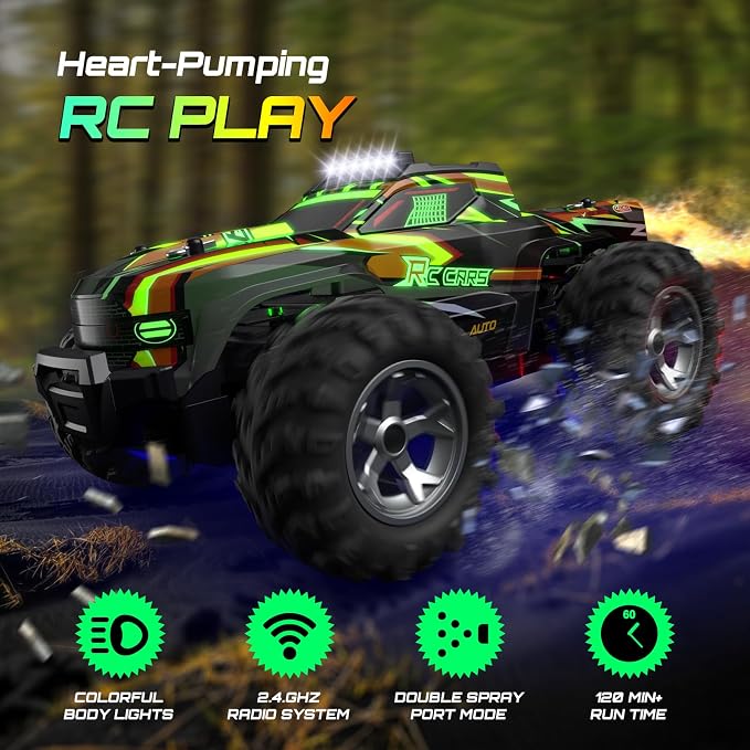Remote Control Car for boys, 1:16 Scale All Terrain RC Cars,High Speed 25Km/h Fast Car with Colorful Led Light and spray, 2x1300mAh Rechargeable Battery RC Truck, Toy Car Gift for Teen Boys Girl Kids
