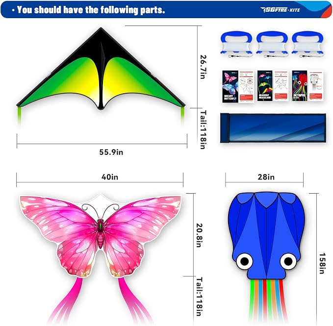 SGftre 3 Piece Set Butterfly Delta and Octopus Kites for Boys and Girls, Beach Kites for Family Outdoor Games & Activities (Gradient Grassland Green+Octopus Blue+Pink Dreamy Butterfly, 3)