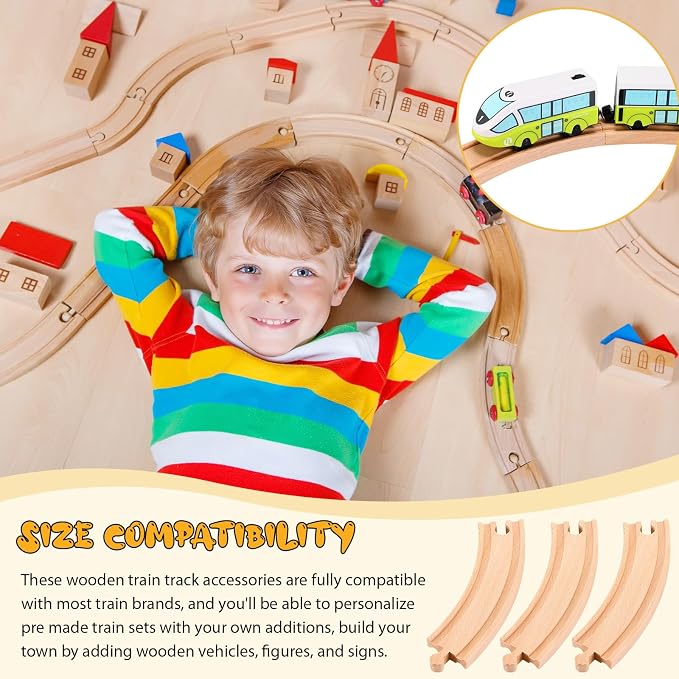 Liliful Pack of 16 Wooden Train Tracks Expansion Pack Male-Male Female-Female Train Track for Most Wooden Railway (Curved)