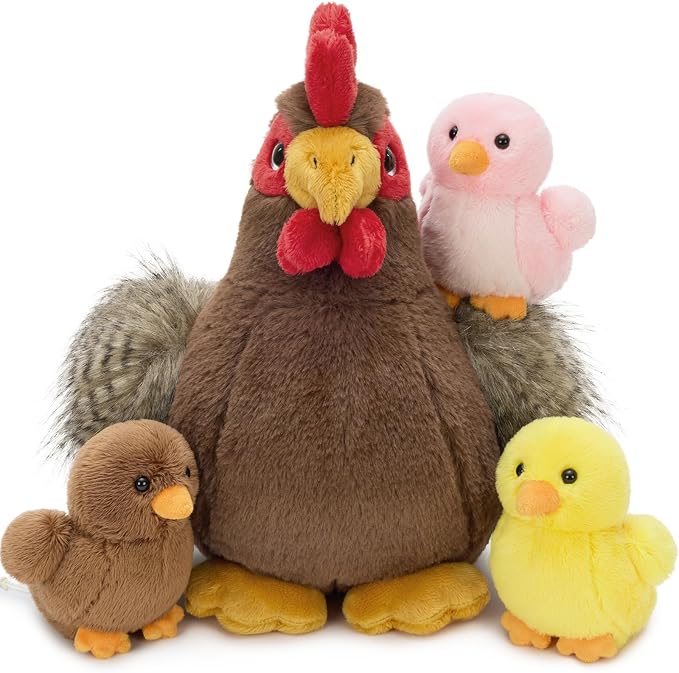 4 Pcs Easter Chicken Plush Set, Mom Hen Stuffed Animal with 3 Stuffed Wind Up Chicks Toy in Mother Chicken's Belly, Christmas Birthday Gift for Kids Girls Boys, Animal Theme Party Decor