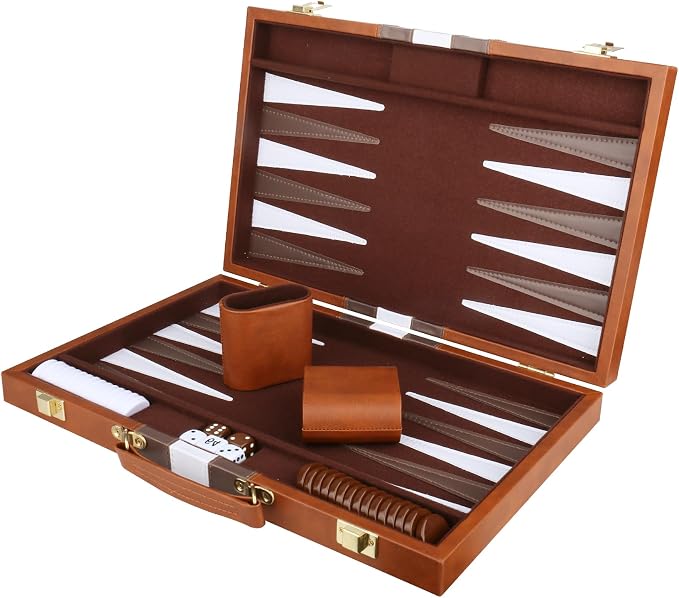 Backgammon Set - Classic Board Game with Premium PU Leather Case & Portable Travel Strategy Backgammon Game Set for Adults, Kids Family Game Night, Vacation & Giftss (11inch Small, Brown)