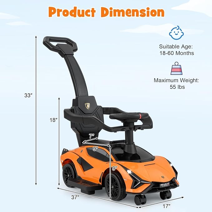 INFANS 3 in 1 Ride on Push Car, Licensed Lamborghini Baby Stroller Sliding Walking Car with Parent Control Handle, Music, USB, Headlight, Under Seat Storage, Foot-to-Floor Toy 18-60 Months (Orange)