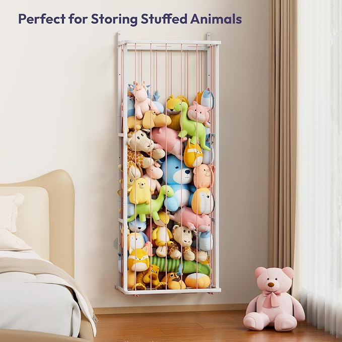 SWTYMIKI Hanging Stuffed Animal Storage - Over Door Large Plush Toy Organizer, Wall Mounted or Corner Stuffie Storage for Nursery, Doll & Bear Plush Organizer for Kid Room Bedroom (Pink, 3-Tier)