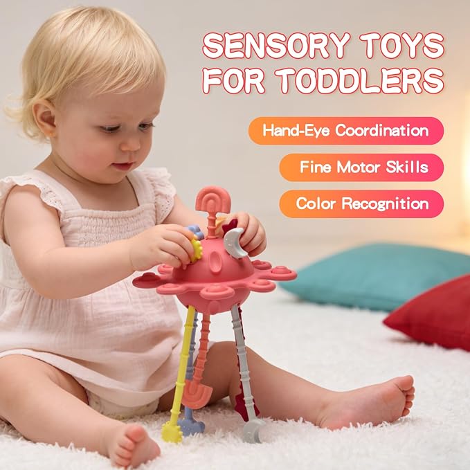 Food Grade Silicone Pull String Baby Toy, Montessori Pull String Sensory Toy (Red)