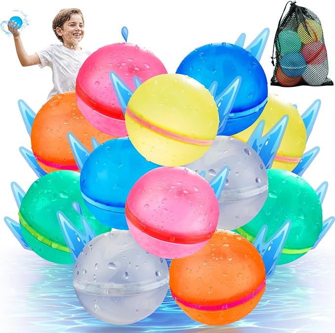12 Pack Reusable Water Balloons for Kids, Magnetic Self-Sealing Water Balls, Refillable Silicone Pool Toys for Summer Outdoor Games, Ages 3+