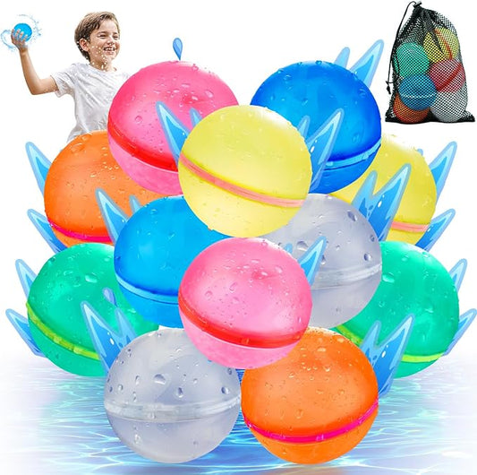 12 Pack Reusable Water Balloons for Kids, Magnetic Self-Sealing Water Balls, Refillable Silicone Pool Toys for Summer Outdoor Games, Ages 3+