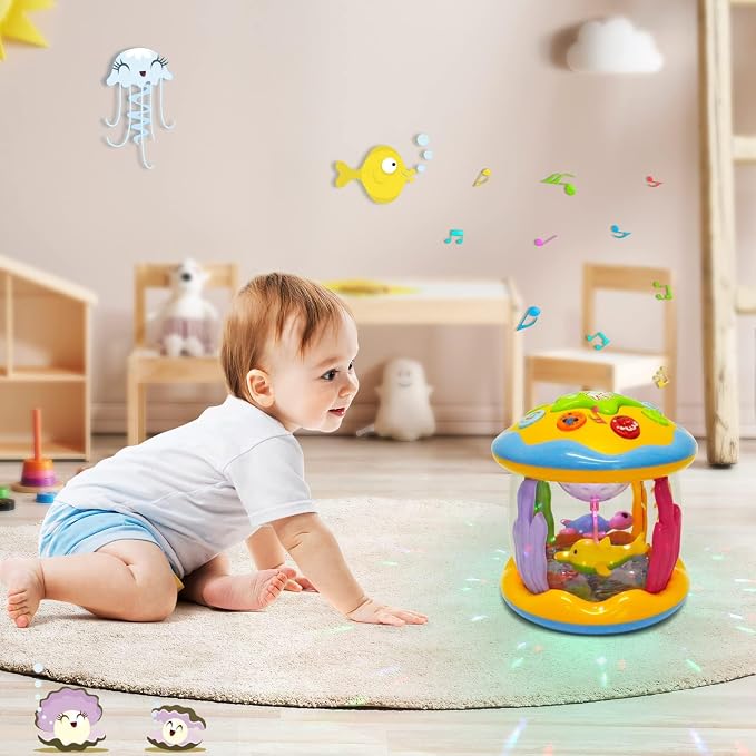 M SANMERSEN Baby Boys Toys 12 Months, Babies Ocean Rotating Lights Up Musical Toys for 12-18 Months Newborn Infant Crawling Tummy Time Toys 1 2 3 Baby Birthday Blue