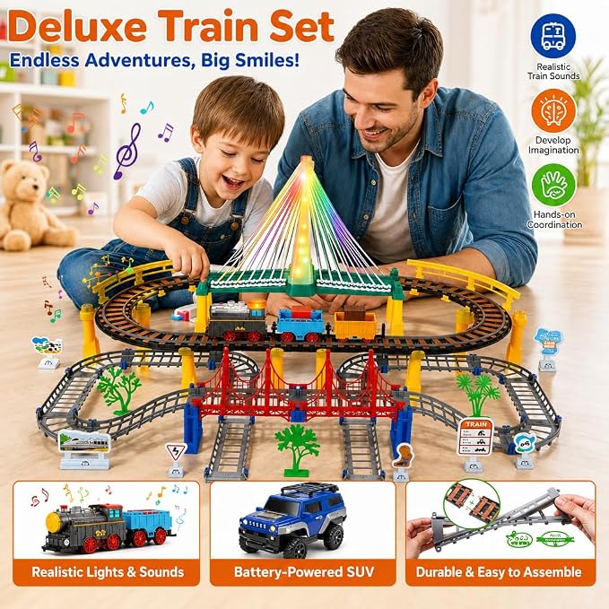 Electric Train Set for Kids Ages 5-8, 2 in 1 DIY Tracks Toy Dual-Layer Tracks with Light-Up Bridge & Realistic Sounds 100+ Piece STEM Building Toy for Boys Birthday Gifts 3 4 5 6 7 8+