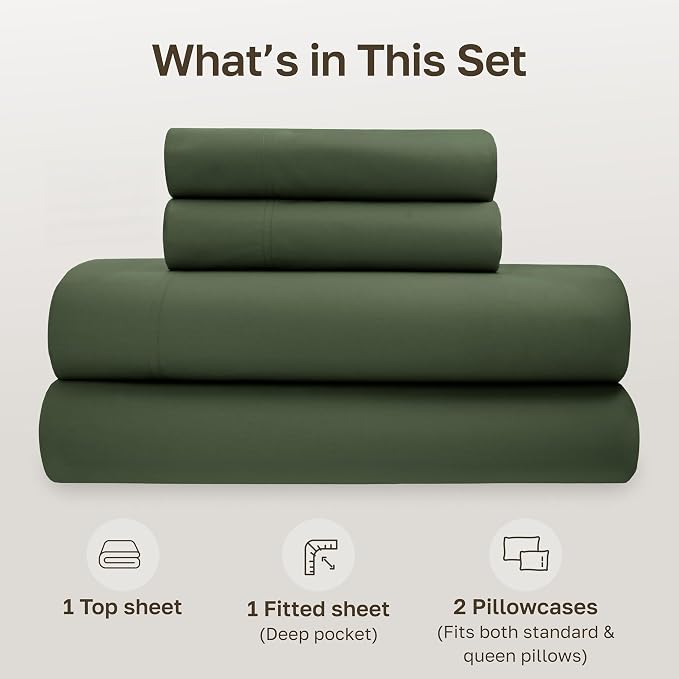 California Design Den Full Size Sheets Set - Soft 100% Organic Sheets with Deep Pockets, Crisp Percale, Breathable and Durable Bedding Set - Olive Green