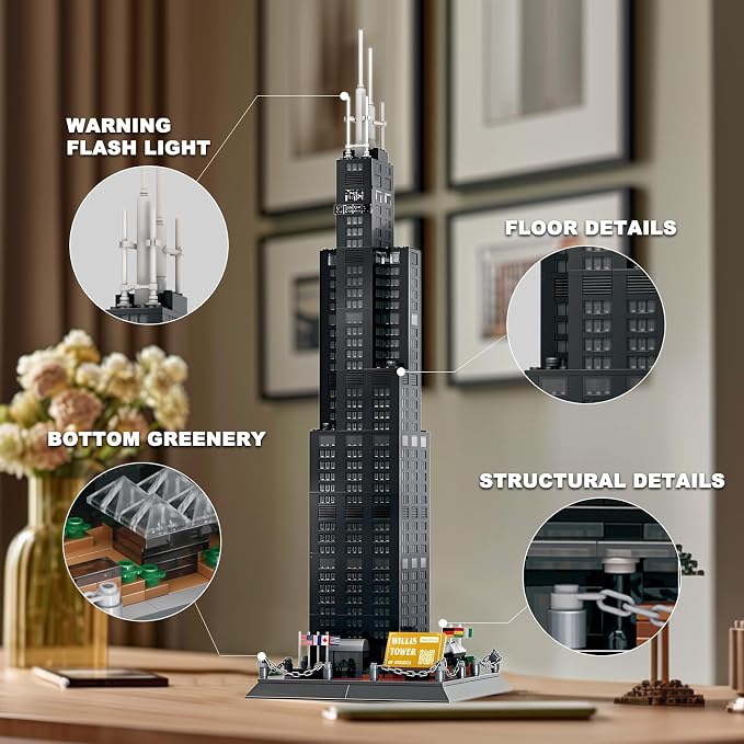 Willis Tower Chicago Architecture Building Block Set 1235 Pcs Famous City Skyline Landmark Model Kit Tall Skyscraper Construction Toy for Adults & Teens Home Office Desk Decor Display Gift