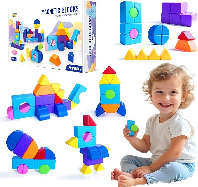 Big Magnetic Building Blocks, 1.65 Inch 8 Colors Magnetic Blocks for Kids Ages 3+, 3D Shapes Montessori Sensory Construction Toy for Boys and Girls (22PCS)