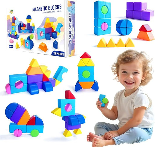 Big Magnetic Building Blocks, 1.65 Inch 8 Colors Magnetic Blocks for Kids Ages 3+, 3D Shapes Montessori Sensory Construction Toy for Boys and Girls (22PCS)