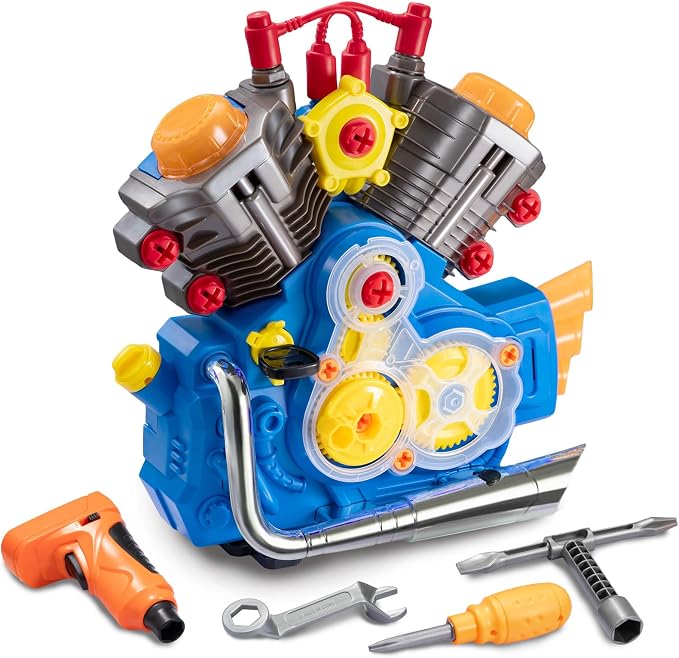 POFJOEQ Engine Building Kit, Kids Mechanic Repair Set for Kids Motorcycle Engine，Take Apart Toys-42pc Playset，STEM Engine Model Kit Toy with Cool Lights&Sounds，Educational Toys for 3+ Year Old (Blue)