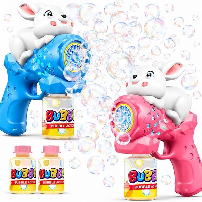 2 Pack Bubble Gun for Kids, Rabbit Bubble Machine for Toddler with LED Lights, 12000+ Bubble/Min, 360° Leak-Proof Bubble Blower Blaster Toy, Outdoor Summer Play, Easter, Wedding & Birthday Gifts