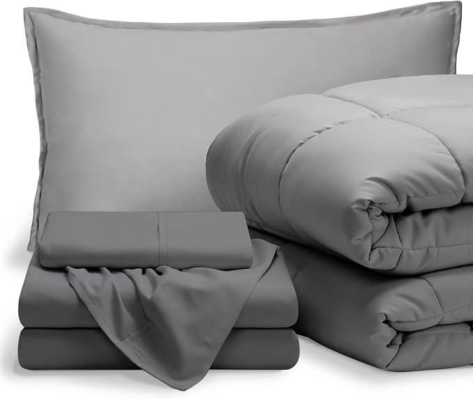 Bare Home Bed-in-A-Bag 5 Piece Comforter & Sheet Set - Twin XL - Goose Down Alternative - Ultra-Soft 1800 Premium Bed Set (Twin XL, Light Grey/Grey)