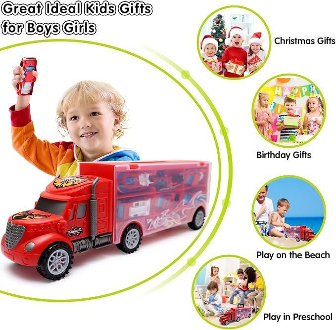 Toddler Toys for 3-4 Year Old Boys,Large Transport Cars Carrier Set Truck Toys with 12-in-1 Vehicles Truck Toys Cars,Ideal Christmas Easter Gifts Toys for Kids Age 3-7,Red