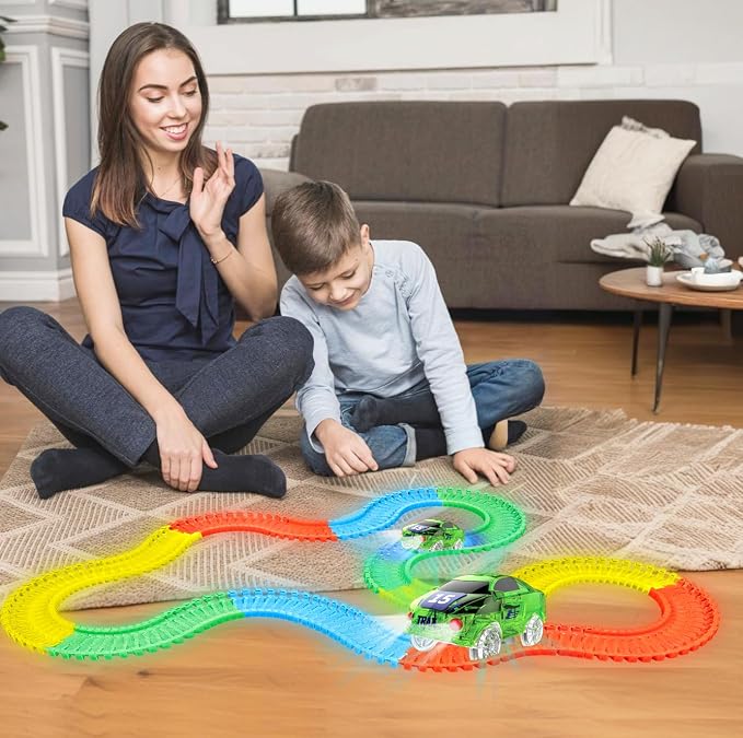 Mindscope Twister Tracks Neon Glow in the Dark 221 Piece (11 feet) of Flexible Assembly Track Race Series