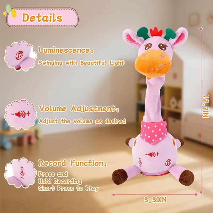 Dancing Talking Giraffe Toy, Stuffed Animal Baby Toy Repeating What You Say, Glowing Musical Giraffe Gifts for Toddlers 1-3 Years Old, for Kids (Purple Giraffe)