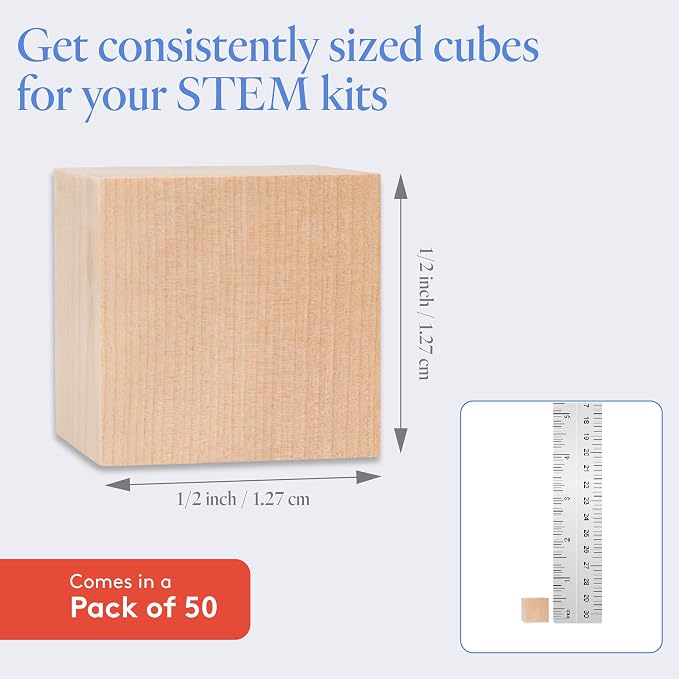 DIY Wooden Cubes 1/2-inch, Pack of 50 Small Blank Wooden Blocks, Unfinished Wood Blocks for Crafts, STEM, Dice, and Building Blocks for Stacking, by Woodpeckers