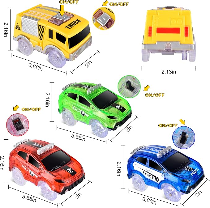 Tracks Cars Only Replacement, Flex Track Race cars for Magic Tracks Glow in the Dark with 5 Flashing LED Lights, Light Up Tracks Cars Compatible with Most Race Tracks for Kids (4pack) with Screwdriver