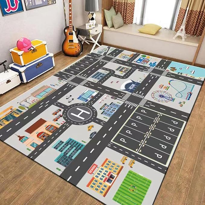 Kids Rug Play Mat Great for Playing with Cars and Toys,Educational Kid Road and Traffic City Life Carpet,Children Baby Fun Throw Rug for Bedroom Play Room,55X79Inch/140X200CM