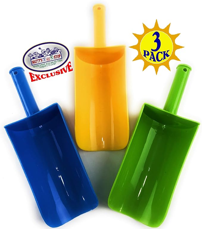 Matty's Toy Stop 9" Kids Short Handle Sand Scoop Plastic Shovels for Sand & Beach (Yellow, Blue & Green) Gift Set Bundle - 3 Pack