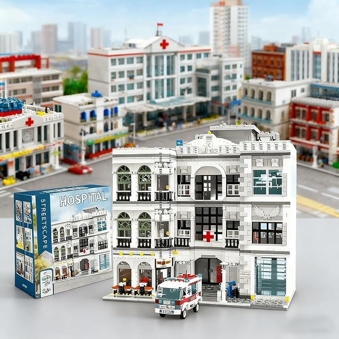 2-in-1 City Emergency Hospital Building Kit, MOC Street View Architecture 3 Levels Modular Buildings with 17 Figures, Construction Sets Ideas Present for Adults (4953 Pcs)