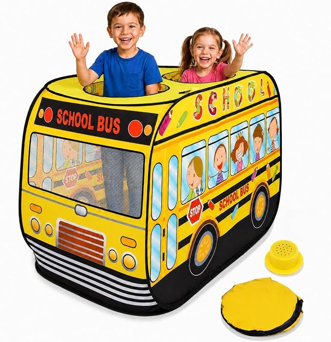 Playbees Musical School Bus Pop Up Play Tent with 3 Openings - Tent for Toddlers - Indoor & Outdoor - Pop Up Tents for Kids - Includes Carry Bag and Sound Button- 43.5x28x26.5 Inch