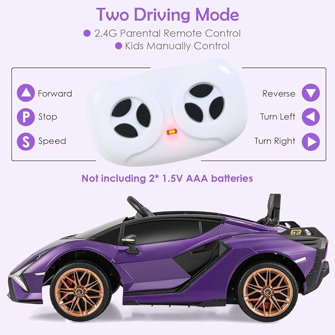 OLAKIDS Kids 12V Licensed Lamborghini SIAN Ride On Car, Electric Vehicle for Toddler with Control Remote, Battery Powered Toy with Music, Horn, 2 Speeds, Suspension, LED Lights, Bluetooth (Purple)