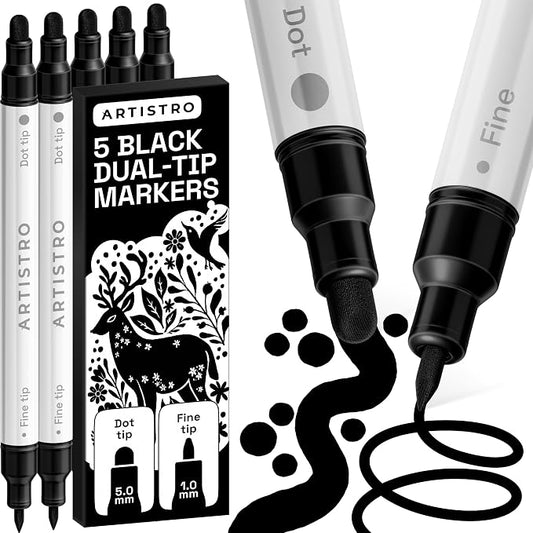 ARTISTRO 5 Black Dual-Tip Acrylic Paint Markers – Paint Pens Set with Dot & Fine Tips for Fabric, Rock, Glass, Wood, Coloring Books – Arts & Crafts Gift – Classroom Must Haves & School Supplies