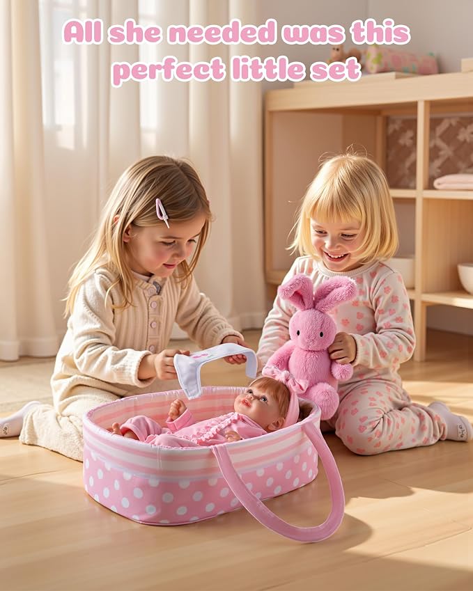 BABESIDE 8 PCS Baby Doll Accessories Set for 17-22 Inch Dolls, Doll Clothes Outfit with Bassinet, Bunny Toy, Bottle, Diaper & Bib