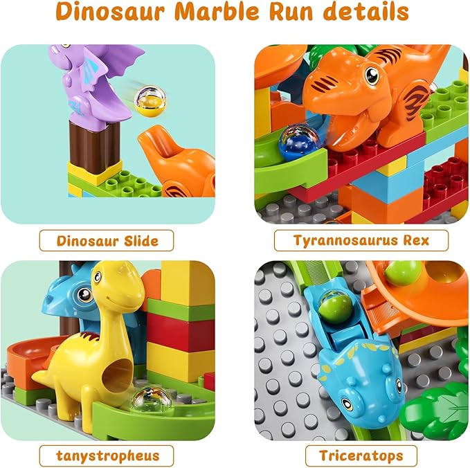 Kids Marble Run Building Block Dinosaur, Montessori Learning Resources STEM Toy Bricks Maze Puzzle Set Race Track Compatible with Major Brands for Age 3 4 5 6 7 8+ Boys Girls Birthdays