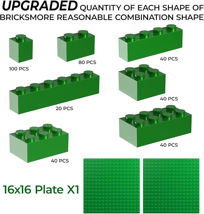 360 Piece Green Classic Building Blocks Bulk, 7 Sizes Building Bricks Assortment Pack, Compatible with Lego Parts and Pieces (Green)
