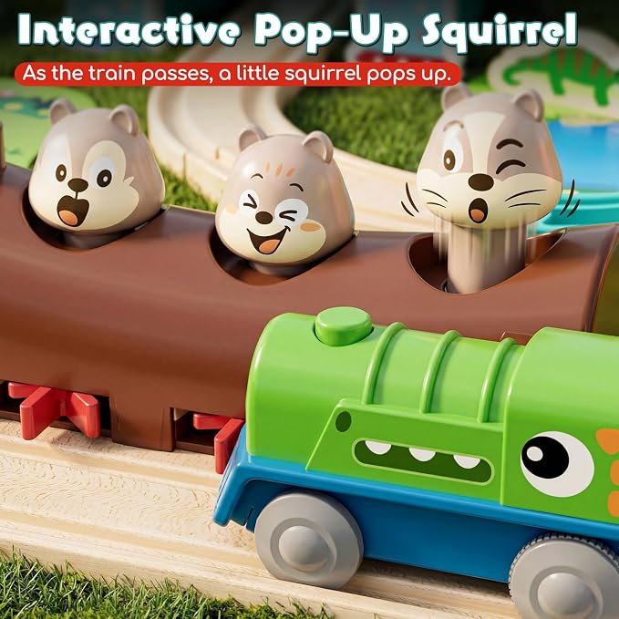 Lehoo Castle Wooden Train Set - Train Track Set with Battery-Operated Dinosaur Train, Lion Tunnel Lights & Sounds, Train Toy Birthday Gift for Boys & Girls Ages 3-7
