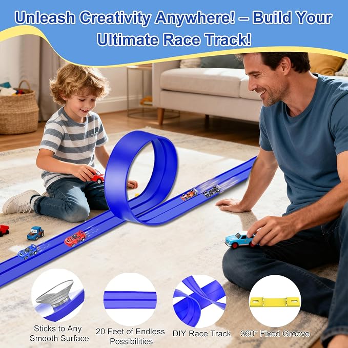 Flexible Race Track Toys for Kids: 20 Ft Flex Race Car Ramp Track with Suction Cups - Rolls Up Portable DIY Racetrack with 4 Racing Cars- Birthday Gifts for Boys Girls Ages 3+ (Dark Blue)