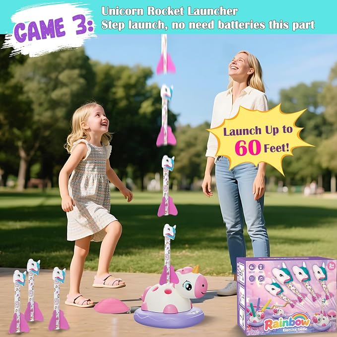 Unicorn Stomp Rocket Launcher for Kids Ages 3-8, 3-in-1 Outdoor Toys for Girls with Musical Jumping Game, Ring Toss, Remote Control, Birthday Gift for Screen-Free Active Backyard Outdoor Play
