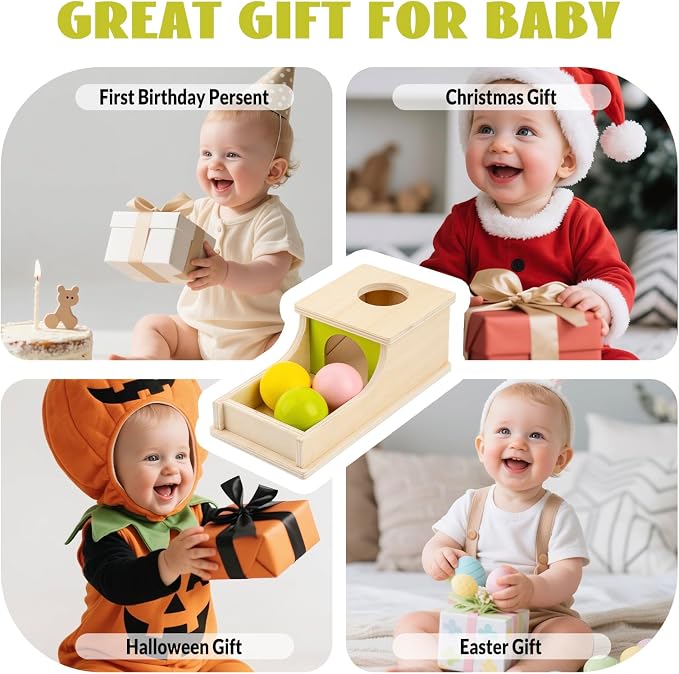 Montessori Toys for 6 Month Old, Wooden Object Permanence Box with Tray Three Balls, 8 Month Old Baby Toys, Preschool Infant Toys 6-12 Months Developmental, Cause and Effect Ball Drop Toy