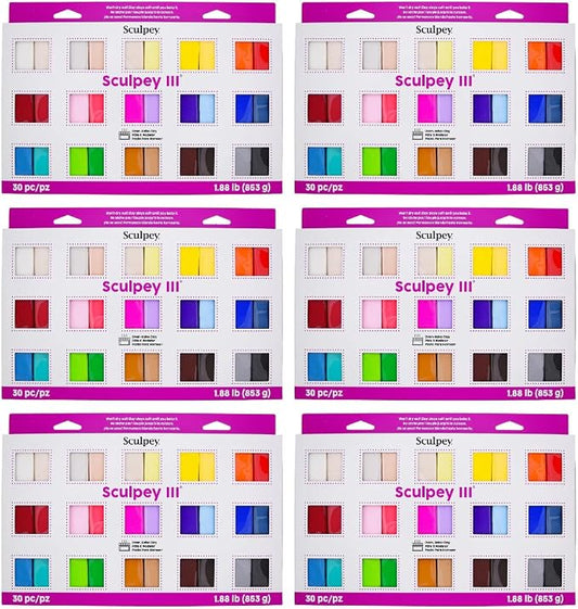 Sculpey III Oven-Bake Polymer Clay 30-Count Sampler Set, 30 Assorted Colors in 1 oz. Bars, Perfect for Jewelry, Home Decor, and General Crafting, Class Pack of 6 Sets, 180 Bars of Clay Total