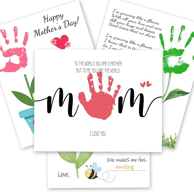 Mothers Day DIY Handprint Kit Gifts from Kids, Pack 4 Flower Handprint Craft Keepsake for Mom or Grandma, Toddler & Preschool Art Activity, Cute Handmade Memory Gifts for Mother’s Day