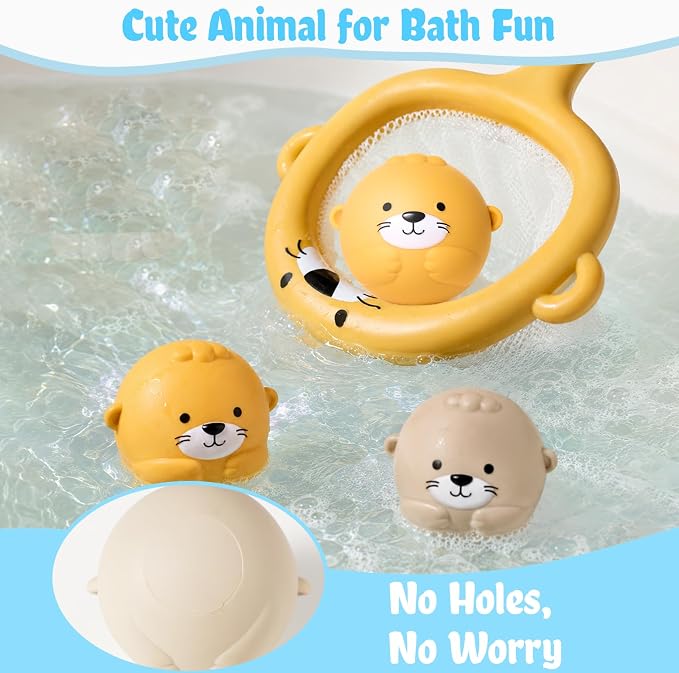 Otter Bath Toy for Toddlers 1-3, 12pcs No-Hole Bath Toys for Kids Interactive Basketball Hoop, Squeeze Animal Balls, Floating Boats, Fishing Net and Storage Bag Bathtub Pool Water Toys for Boys Girls