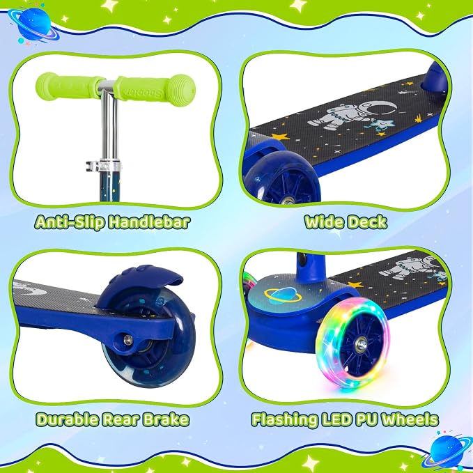 Nattork 3-Wheel Toddler Kick Scooter for Kids Girls Boys – Adjustable Height Scooter with Light-Up Wheels, Anti-Slip Deck, Lean-to-Steer Design for Ages 2-8
