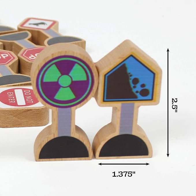 15 Pieces - Wooden Traffic Signs For Kids - Zany Street Signs for Play Mats, Toy Trains and Cars - Wooden Street Signs Road Signs - Educational Preschool Train Track Accessories - Zany Trains Series 2