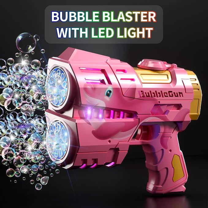 Jasny 2 Pack Rechargeable Dino Bubble Guns for Kids, LED Light Up Bubbles Machine Blower with 2 Bottles Refill Solution for Toddlers, Summer Wedding Toys Gift