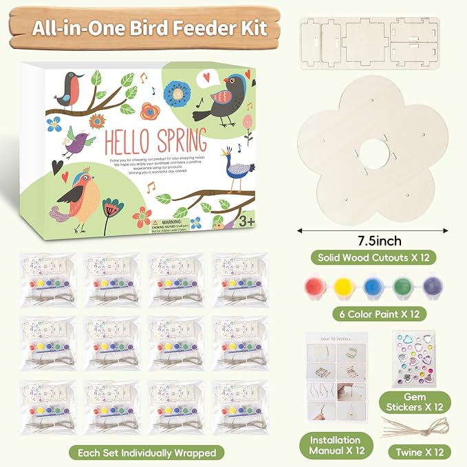 12 Pack Bird Feeder Craft Kits for Kids Ages 3-5 4-8 8-12, DIY Unfinished Wooden Art Painting Kits, Outdoor Bulk Toys for Easter, Christmas, Party Favors