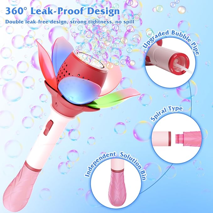 Panamalar Electric Bubble Wand for Kids, Light Up Automatic Bubble Machine Blower with Lights/10000+ Bubbles/120ml Solution, Rechargeable Flower Bubble Wand Maker Toys for Outdoor Party Wedding