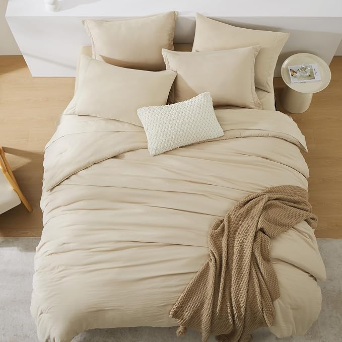 WRENSONGE Full Size Comforter Set- 7 Pieces Soft Beige Bed in a Bag Full with Fitted Sheet, Flat Sheet, 2 Pillow Shams, 2 Pillowcases, Warm Bedding Sets for All Season